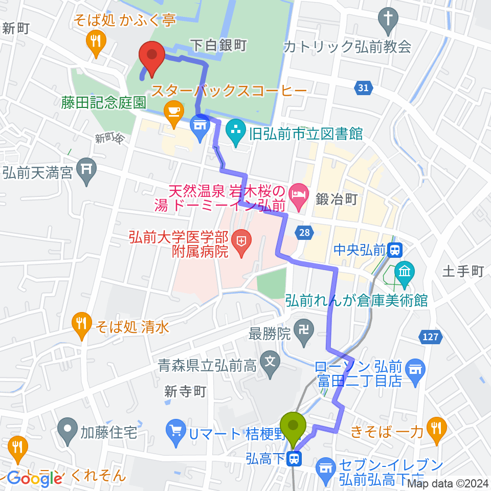 弘高下駅から弘前市民会館へのルートマップ地図