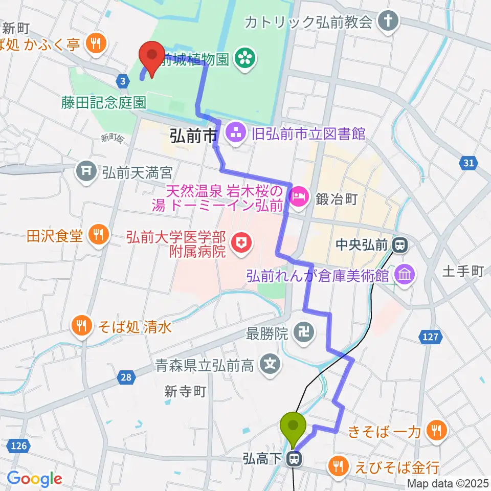 弘高下駅から弘前市民会館へのルートマップ地図