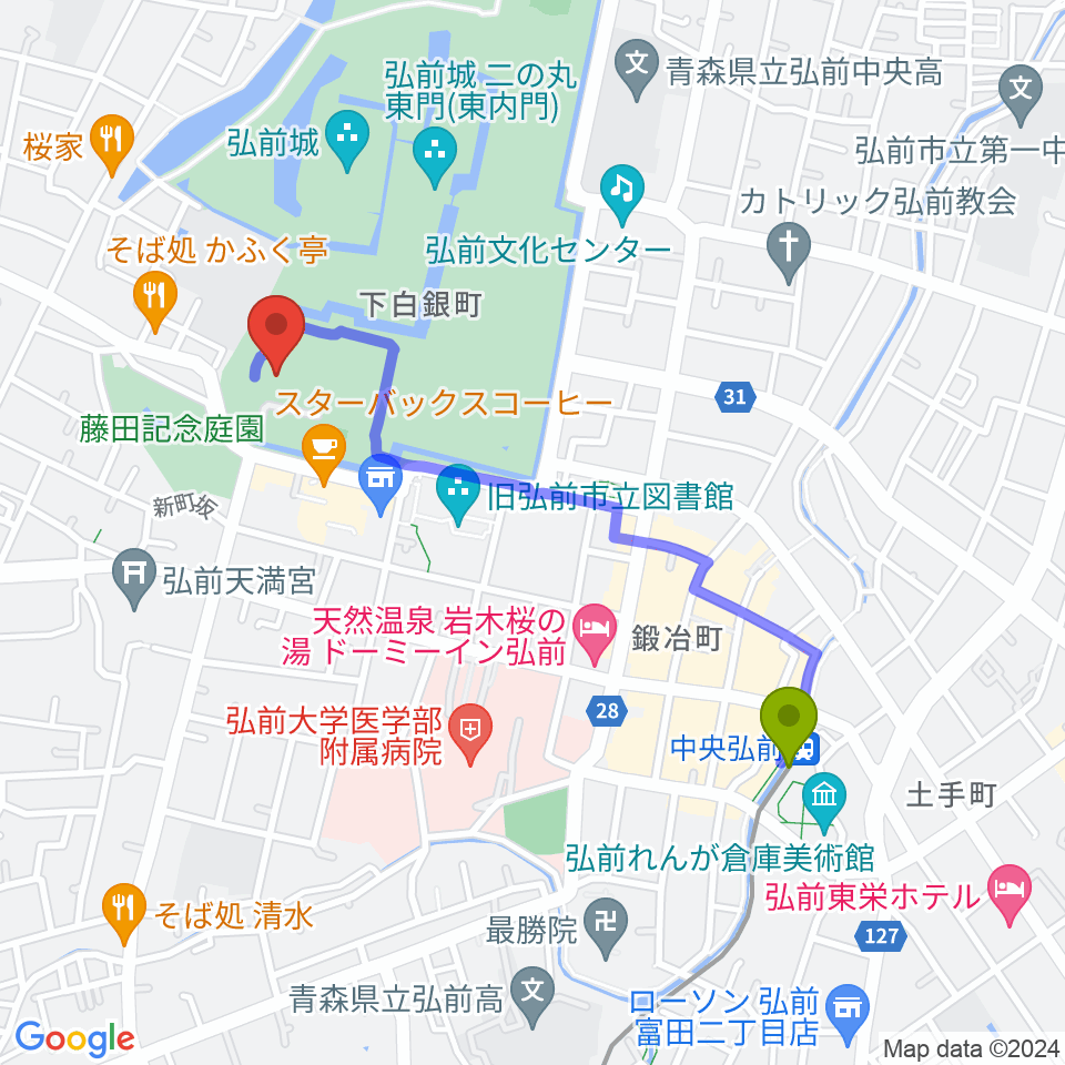 弘前市民会館の最寄駅中央弘前駅からの徒歩ルート（約18分）地図