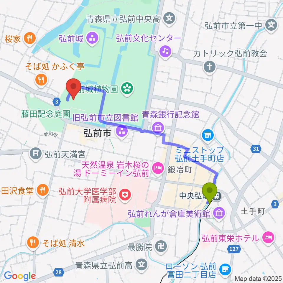 弘前市民会館の最寄駅中央弘前駅からの徒歩ルート（約18分）地図