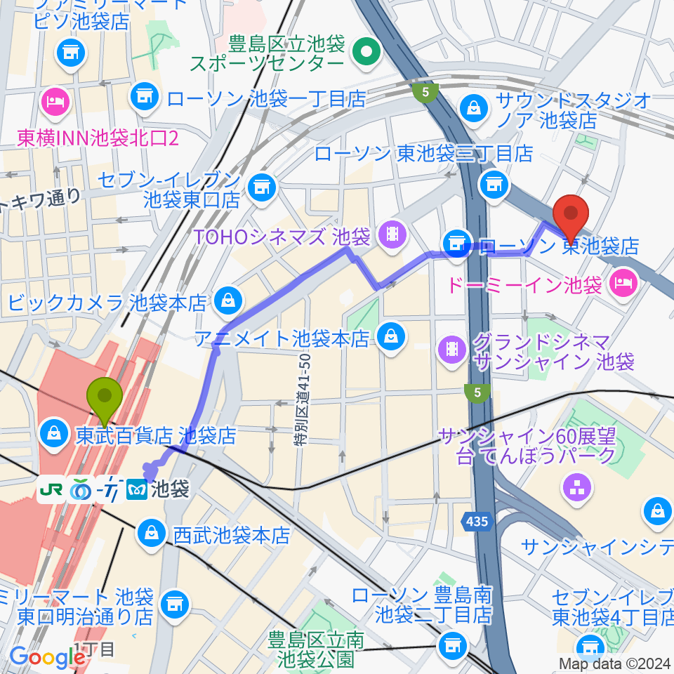 コアミュージックスクール 池袋校の最寄駅池袋駅からの徒歩ルート（約12分）地図