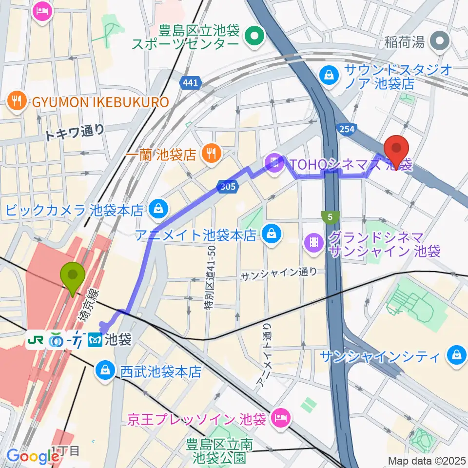 コアミュージックスクール 池袋校の最寄駅池袋駅からの徒歩ルート（約12分）地図