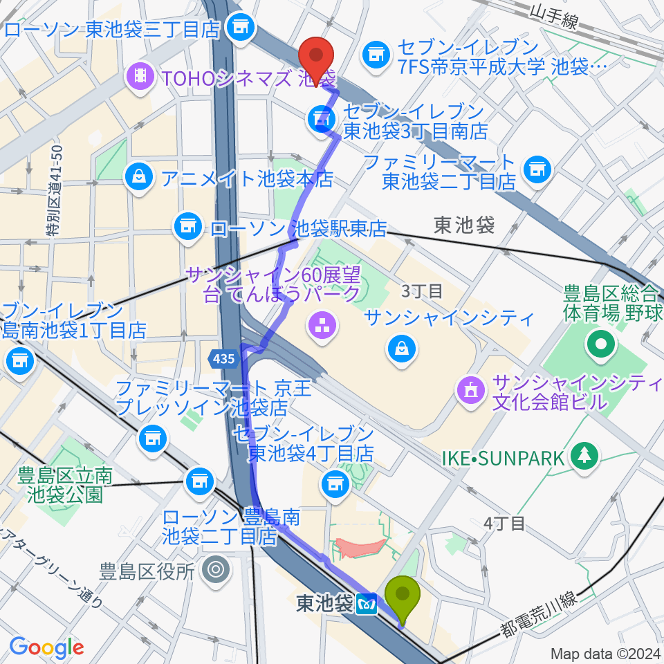 東池袋駅からコアミュージックスクール 池袋校へのルートマップ地図