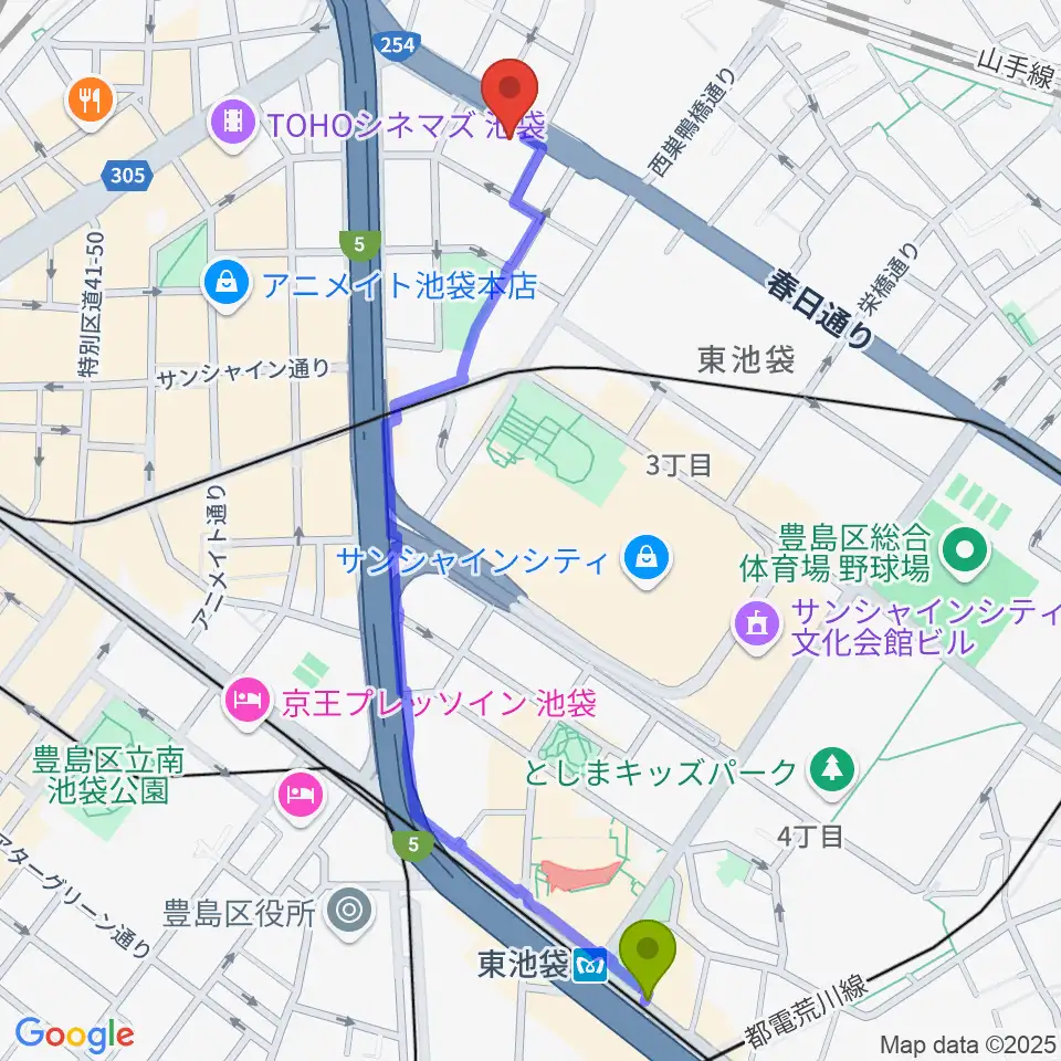 東池袋駅からコアミュージックスクール 池袋校へのルートマップ地図