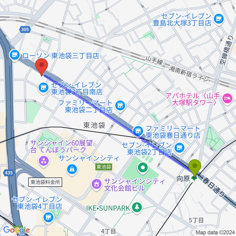 向原駅からコアミュージックスクール 池袋校へのルートマップ地図