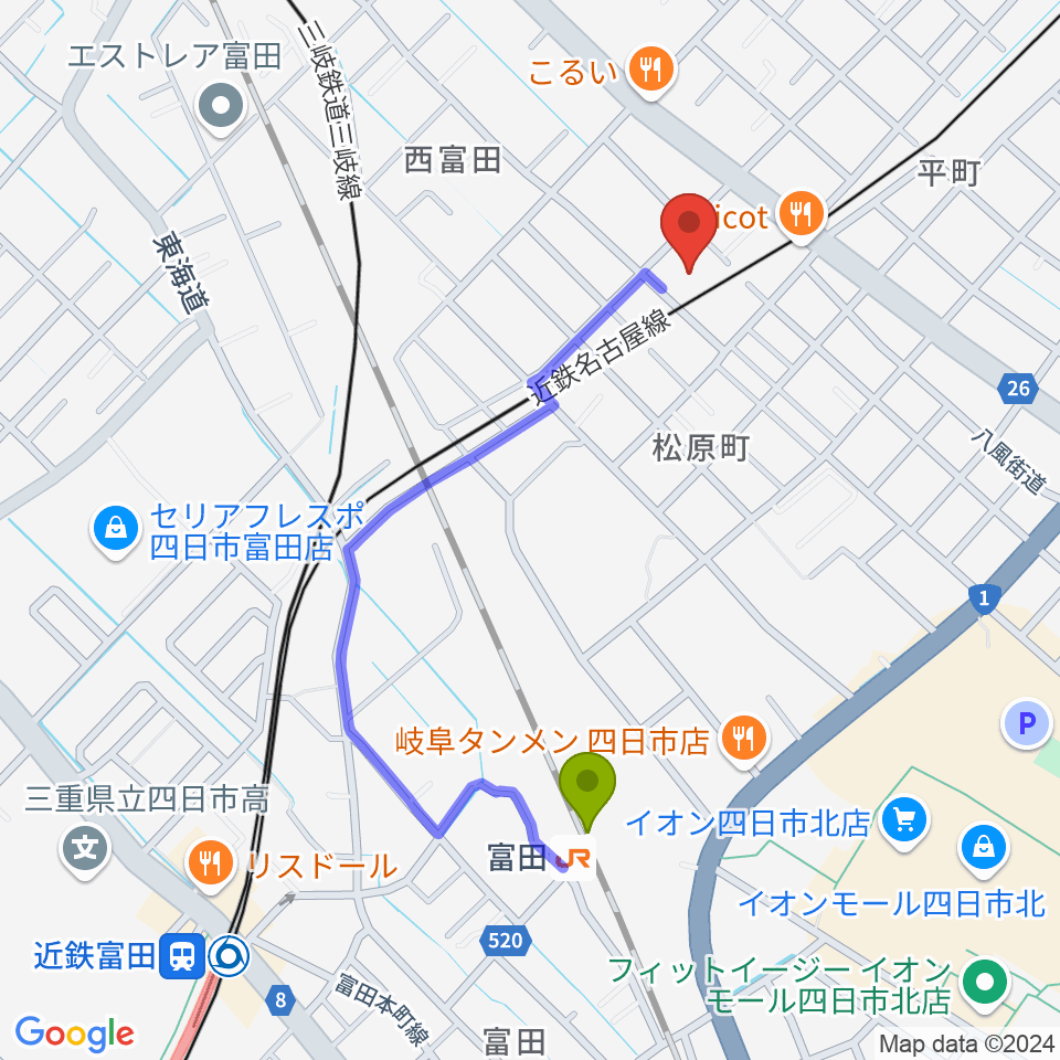 HOLYHOUSE STUDIOSの最寄駅富田駅からの徒歩ルート（約8分）地図