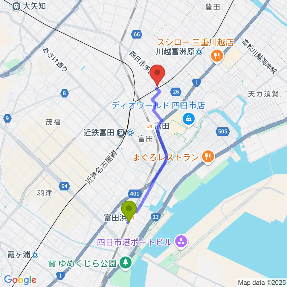 富田浜駅からHOLYHOUSE STUDIOSへのルートマップ地図