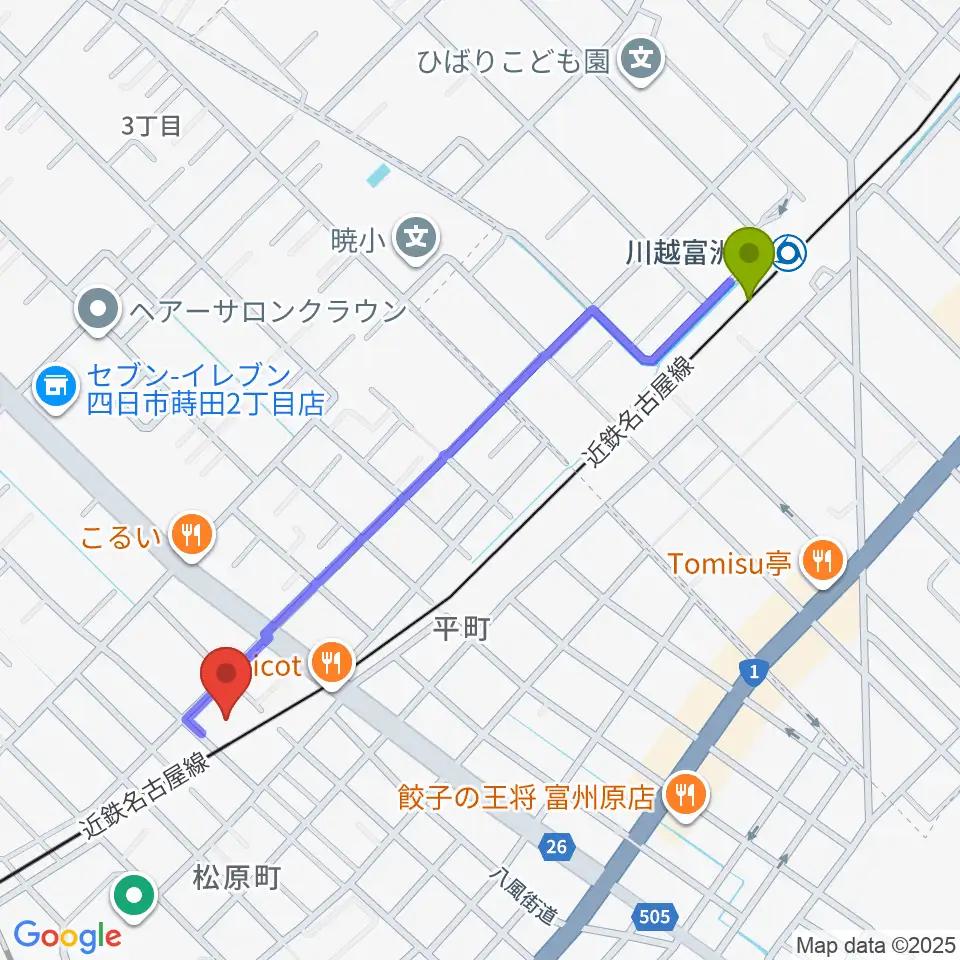 川越富洲原駅からHOLYHOUSE STUDIOSへのルートマップ地図