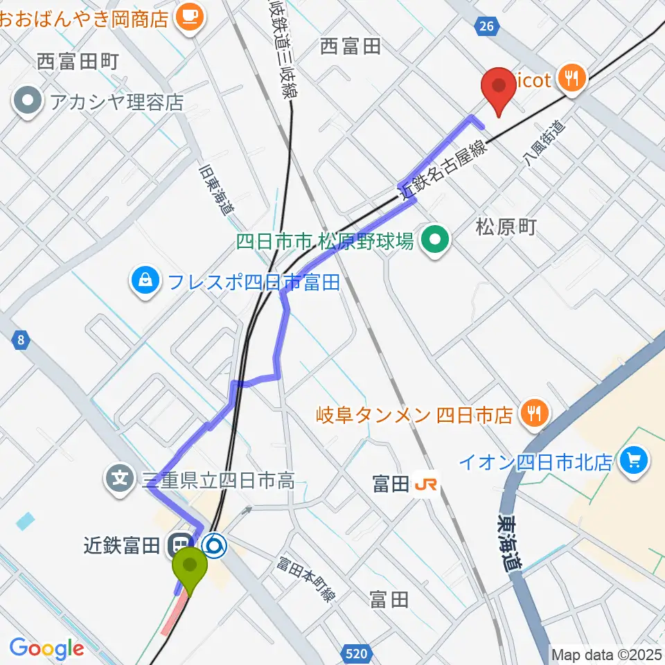 近鉄富田駅からHOLYHOUSE STUDIOSへのルートマップ地図