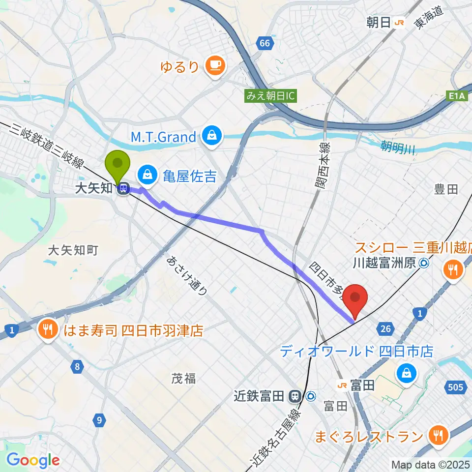 大矢知駅からHOLYHOUSE STUDIOSへのルートマップ地図