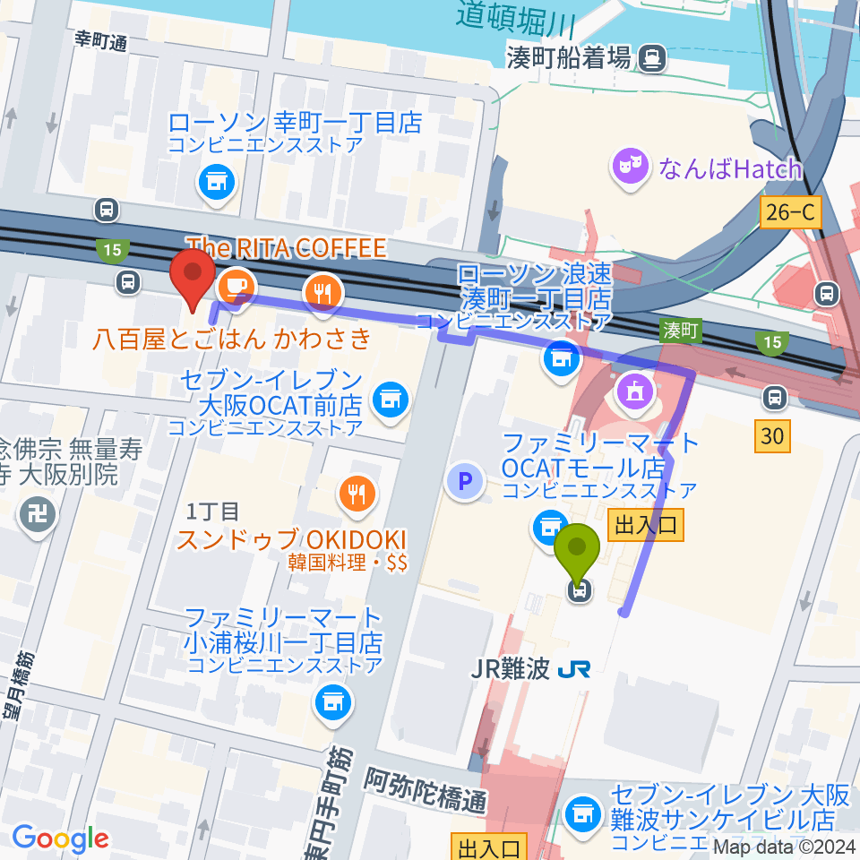 Drum&Bass Recordsの最寄駅ＪＲ難波駅からの徒歩ルート（約4分）地図