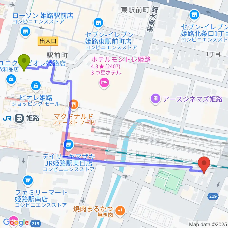あかね音楽教室の最寄駅姫路駅からの徒歩ルート（約7分）地図