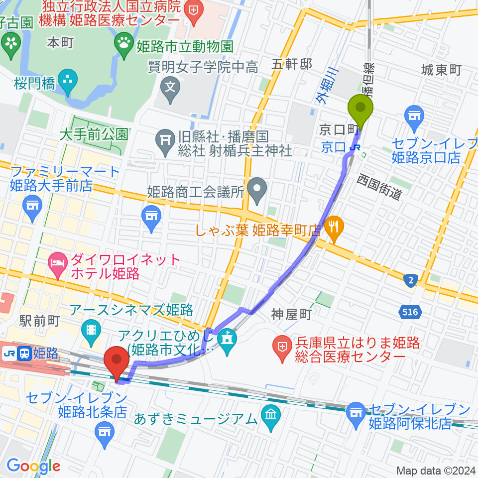 京口駅からあかね音楽教室へのルートマップ地図
