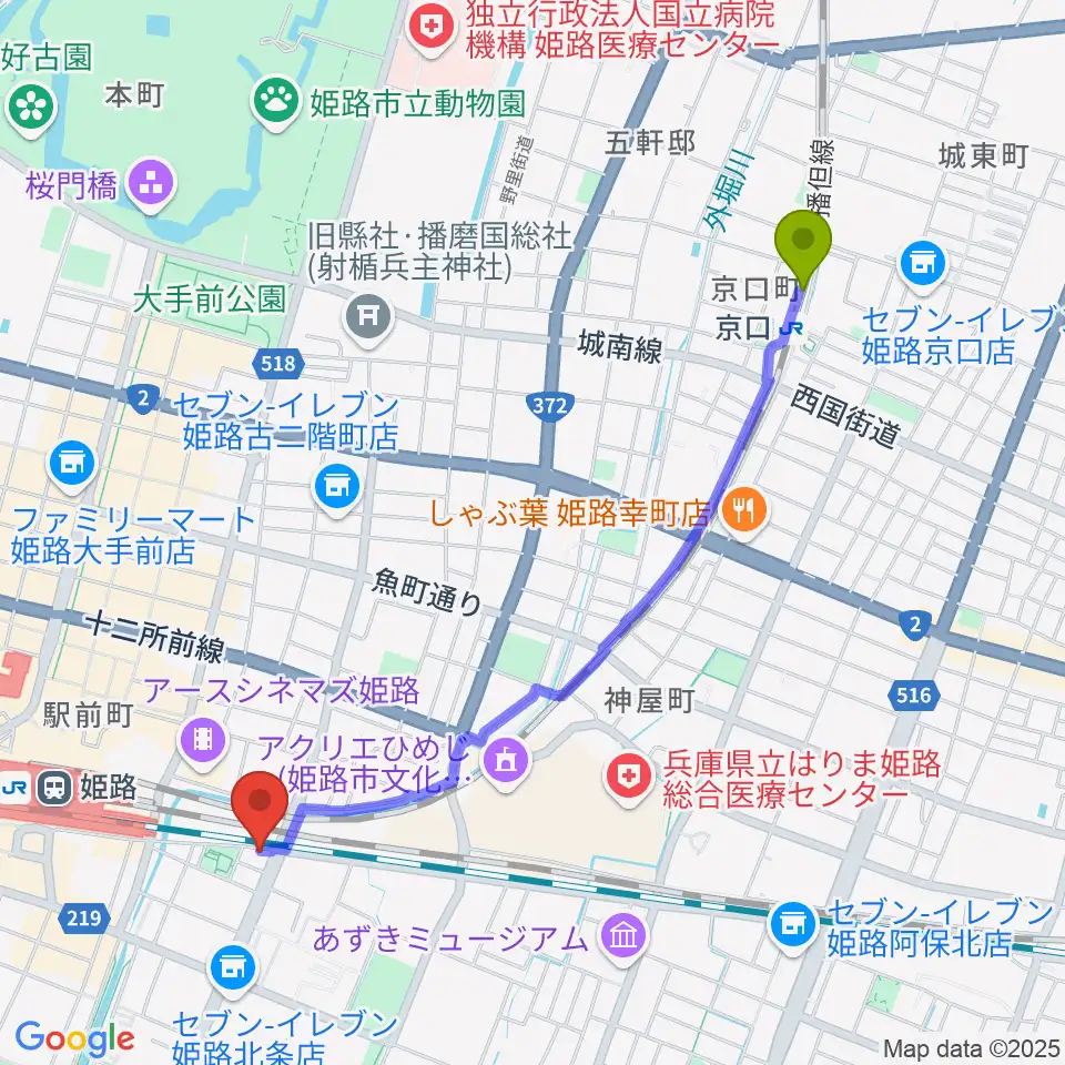 京口駅からあかね音楽教室へのルートマップ地図