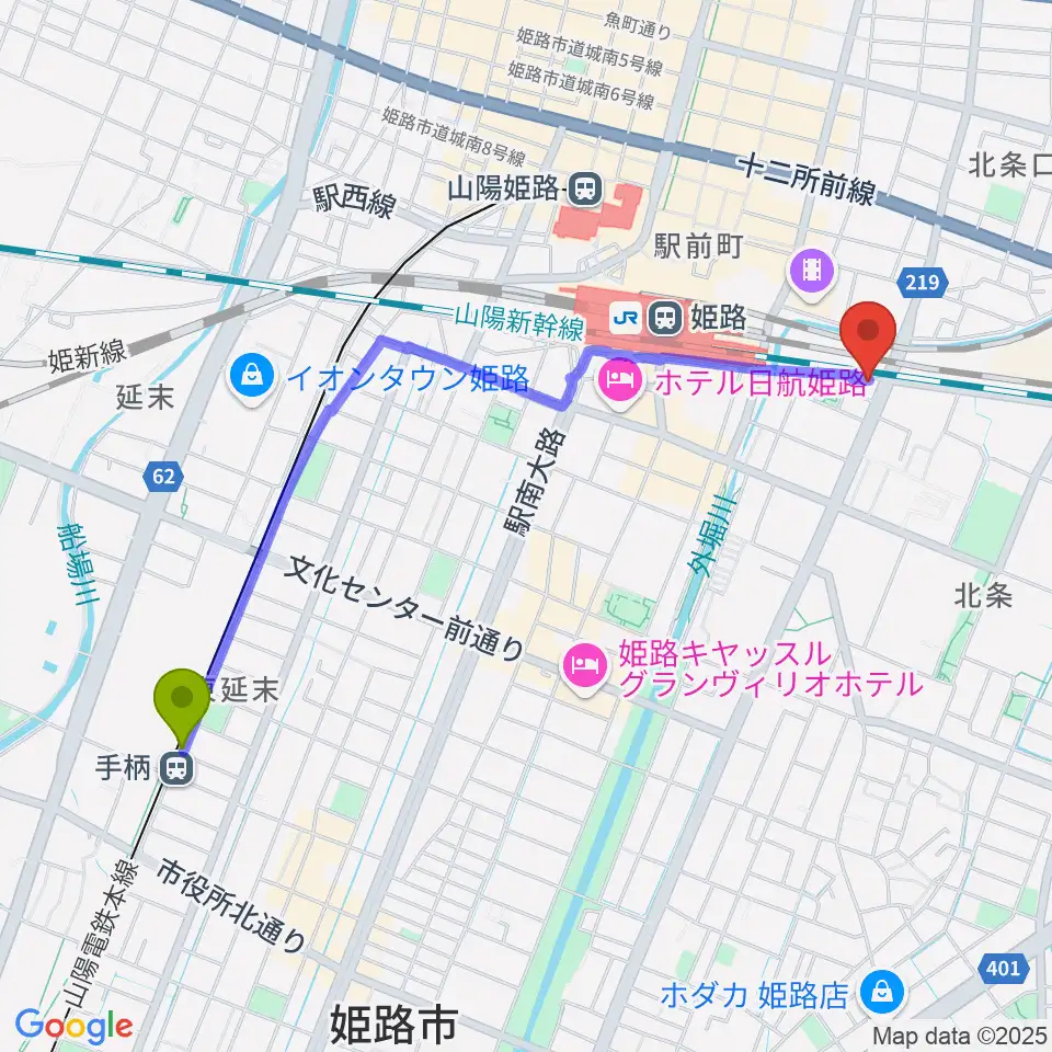手柄駅からあかね音楽教室へのルートマップ地図