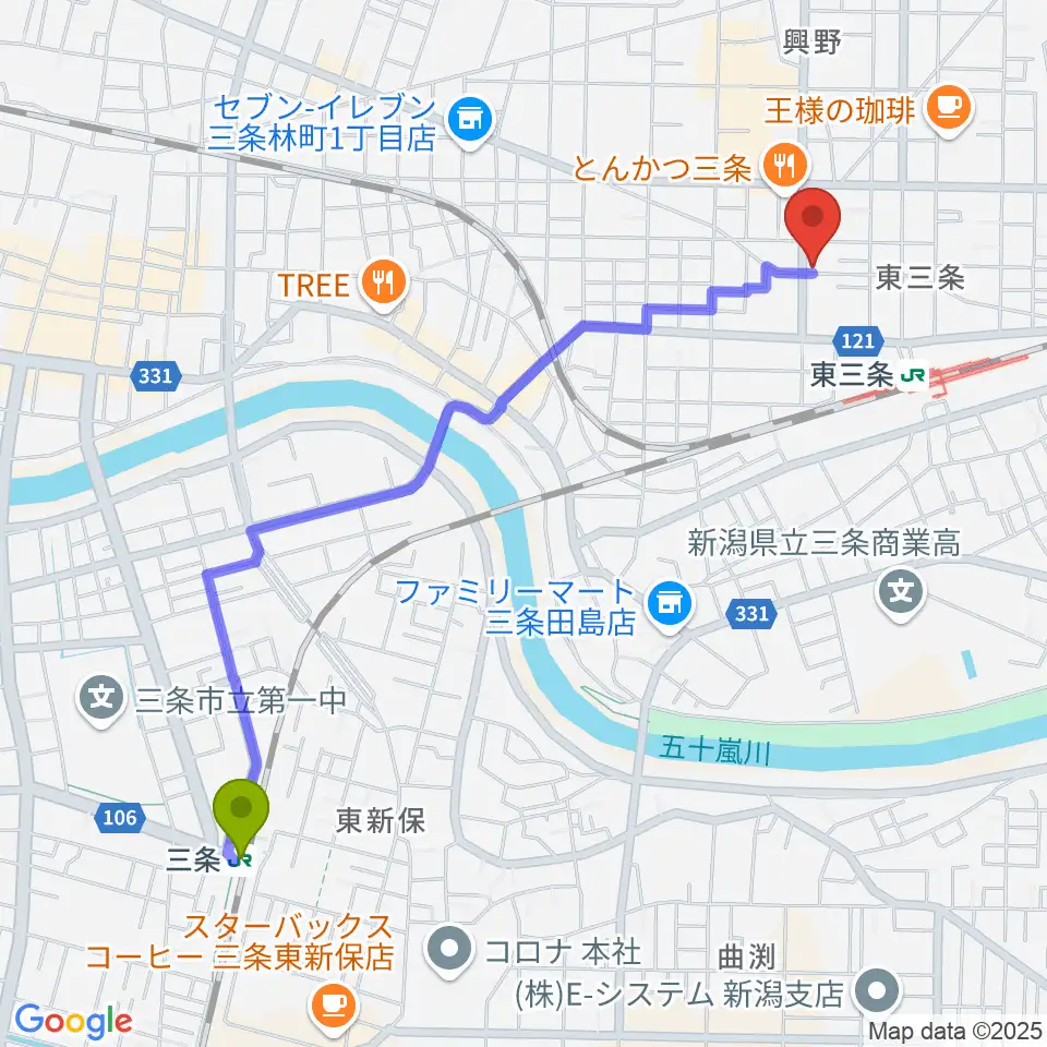 三条駅からわたじん楽器 三条店へのルートマップ地図