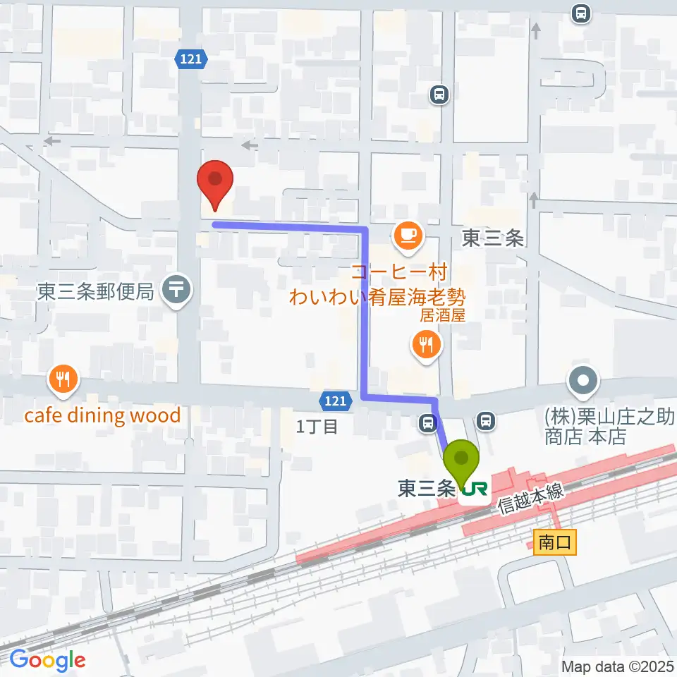わたじん楽器 三条店の最寄駅東三条駅からの徒歩ルート（約4分）地図