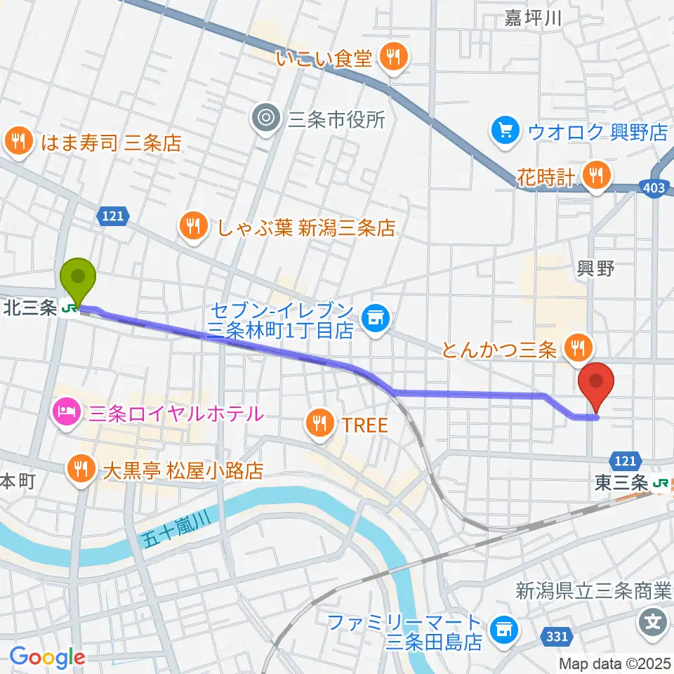北三条駅からわたじん楽器 三条店へのルートマップ地図