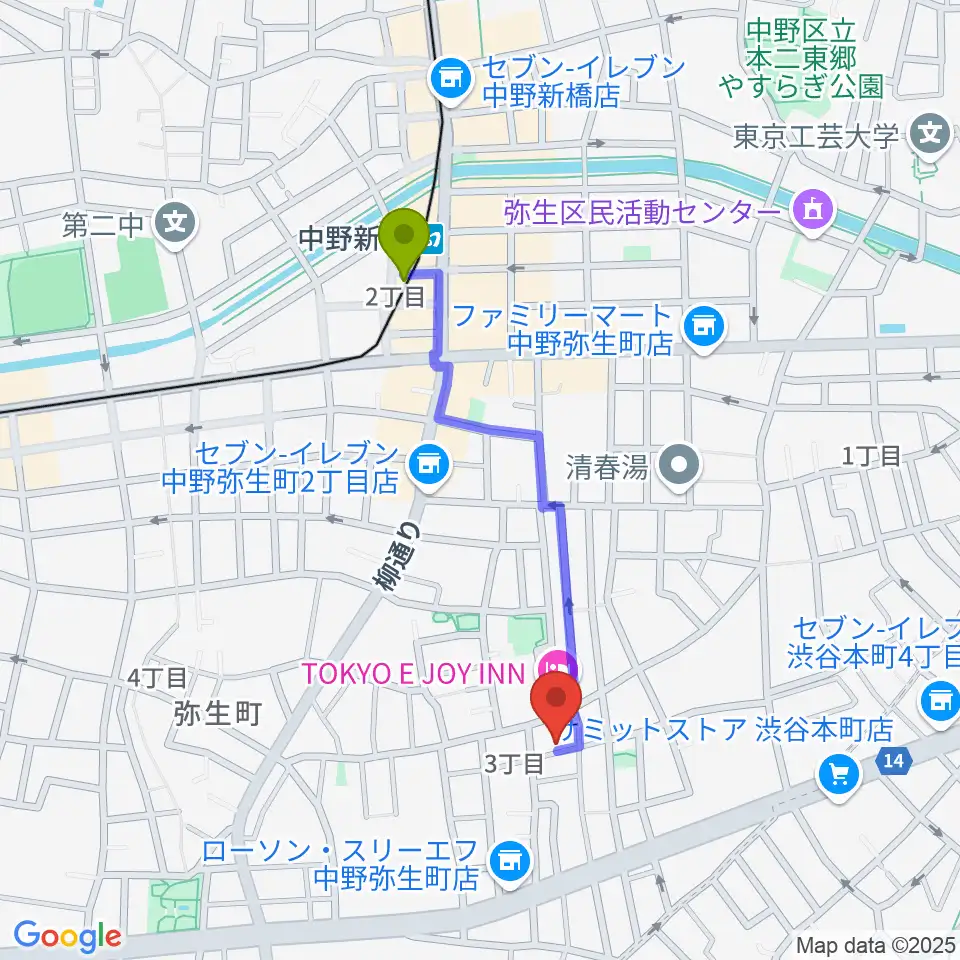 LEEDS MUSICの最寄駅中野新橋駅からの徒歩ルート（約8分）地図
