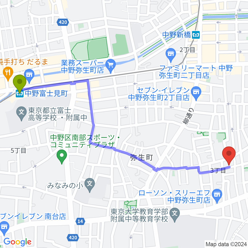 中野富士見町駅からLEEDS MUSICへのルートマップ地図