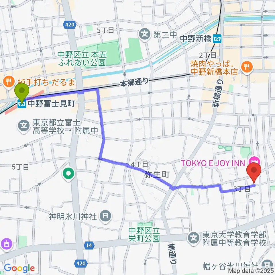 中野富士見町駅からLEEDS MUSICへのルートマップ地図
