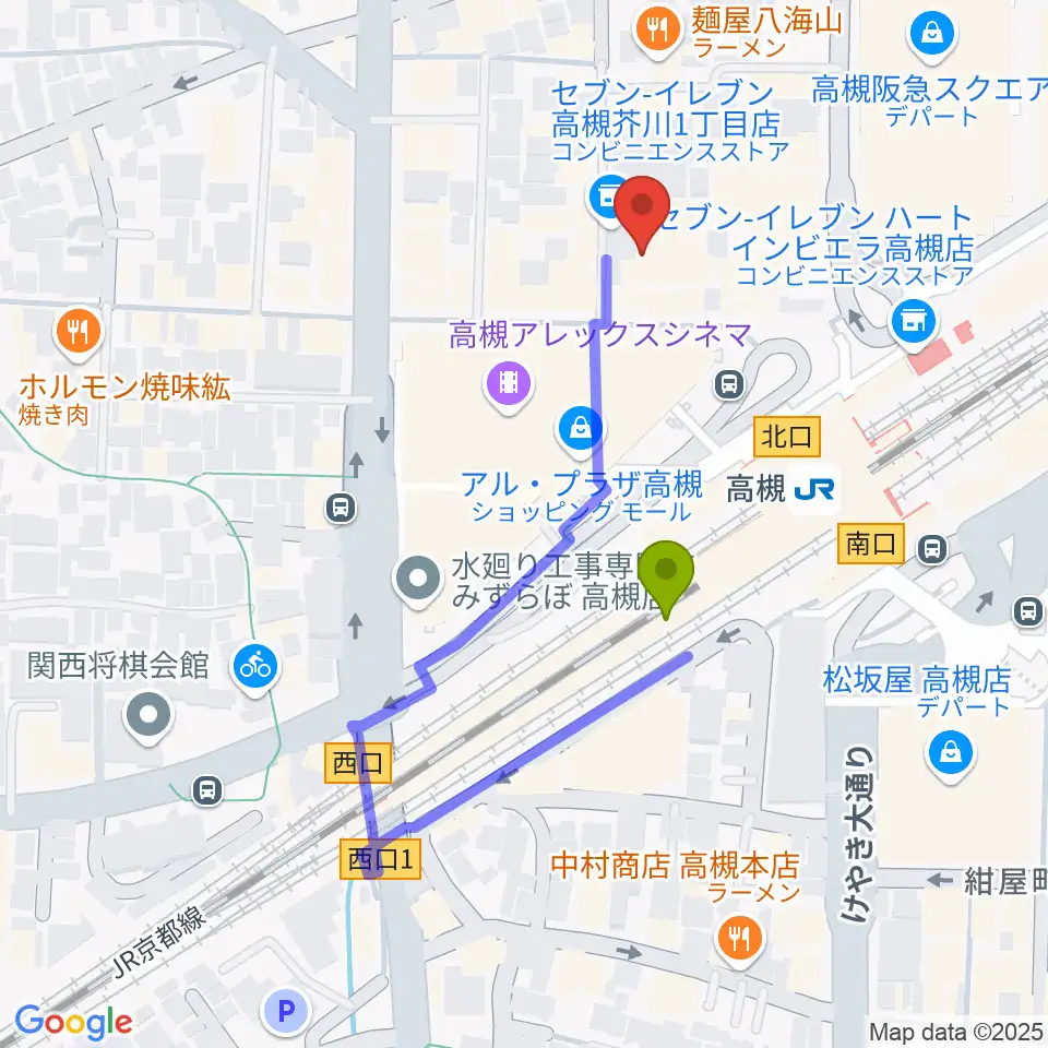 高槻シード音楽教室の最寄駅高槻駅からの徒歩ルート（約3分）地図