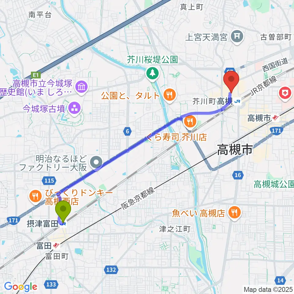 摂津富田駅から高槻シード音楽教室へのルートマップ地図