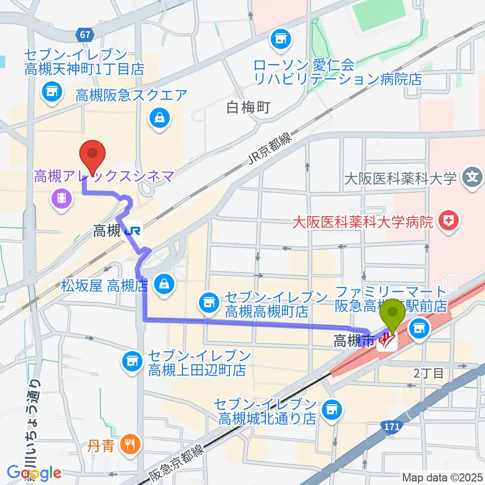 高槻市駅から高槻シード音楽教室へのルートマップ地図