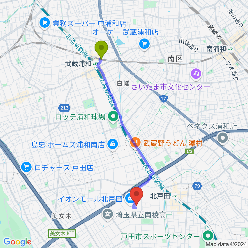 武蔵浦和駅から山野楽器 イオンモール北戸田店へのルートマップ地図