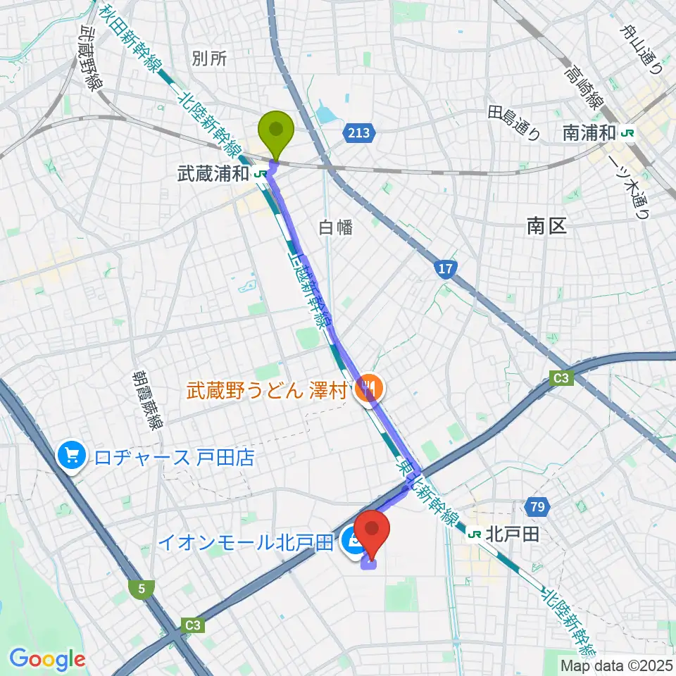 武蔵浦和駅から山野楽器 イオンモール北戸田店へのルートマップ地図