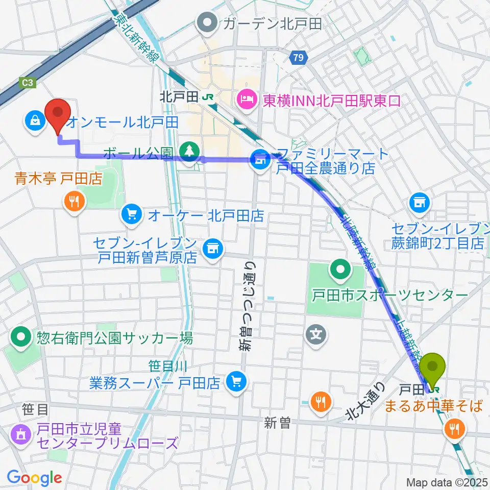 戸田駅から山野楽器 イオンモール北戸田店へのルートマップ地図