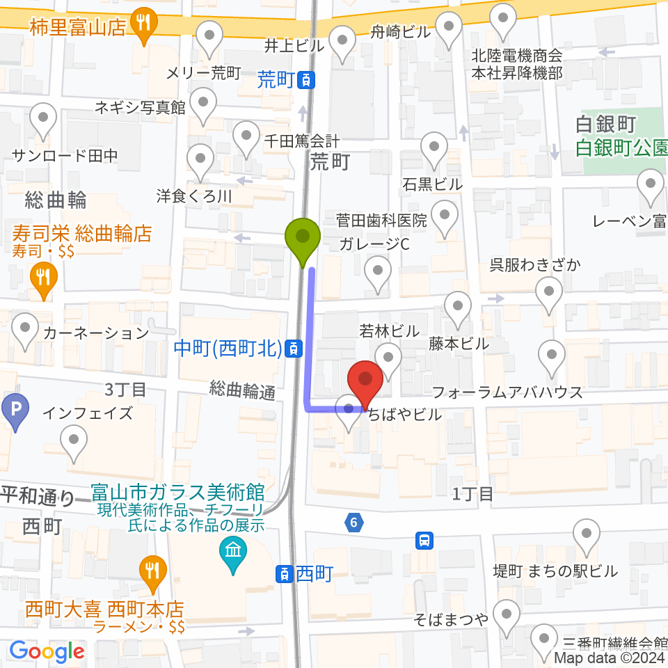 中町（西町北）駅からログセッションへのルートマップ地図
