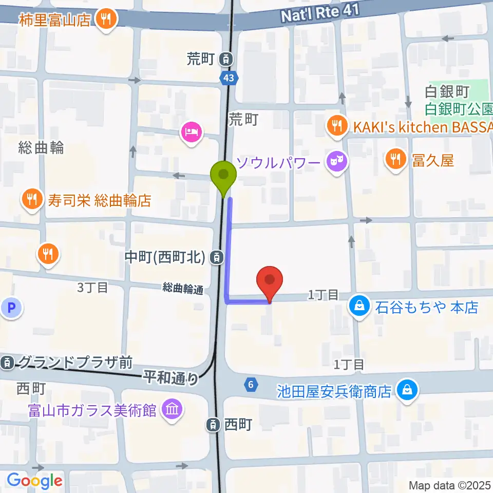 中町（西町北）駅からログセッションへのルートマップ地図