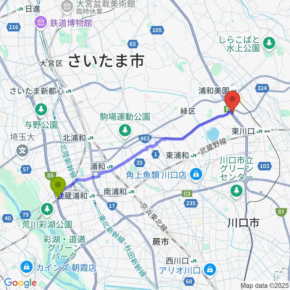 西浦和駅からY.K PIANO FACTORYへのルートマップ地図