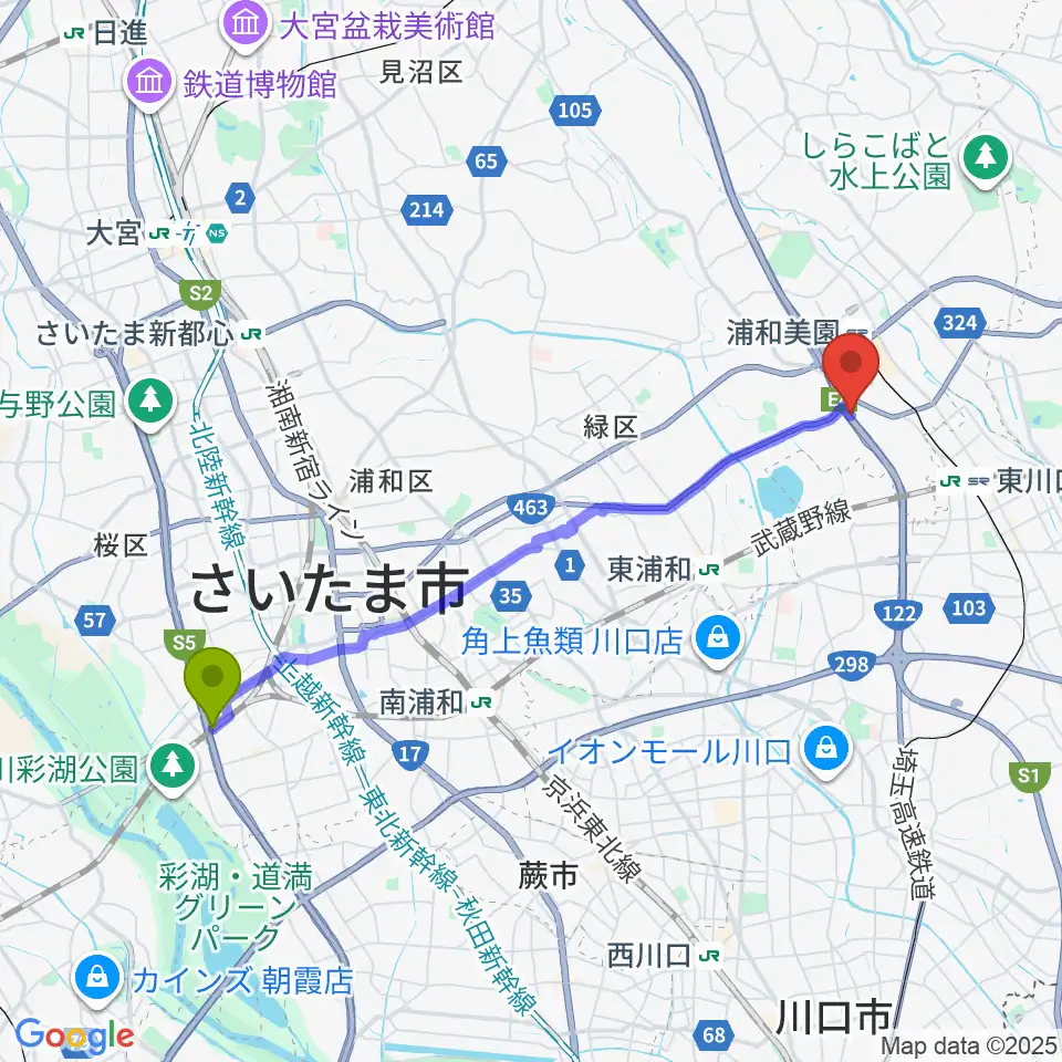 西浦和駅からY.K PIANO FACTORYへのルートマップ地図