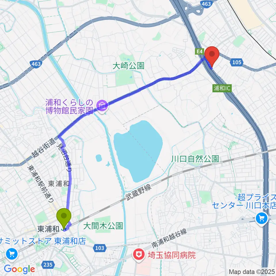 東浦和駅からY.K PIANO FACTORYへのルートマップ地図