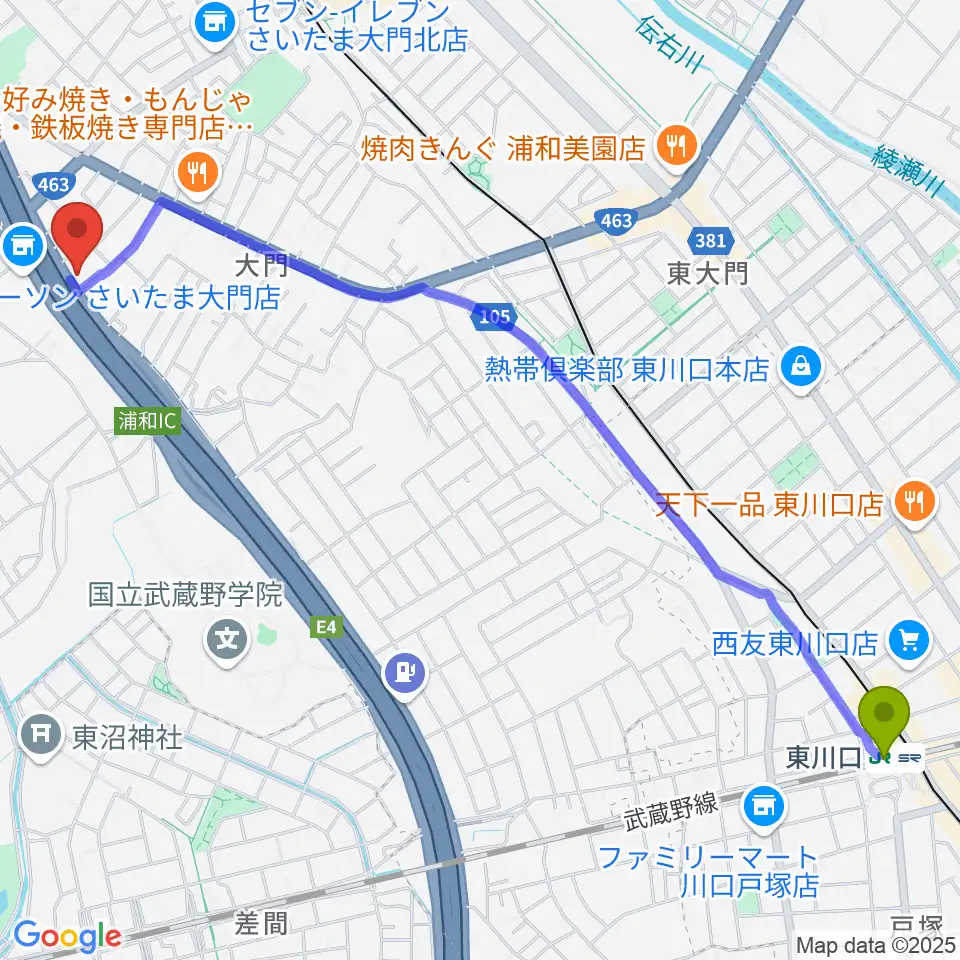 東川口駅からY.K PIANO FACTORYへのルートマップ地図