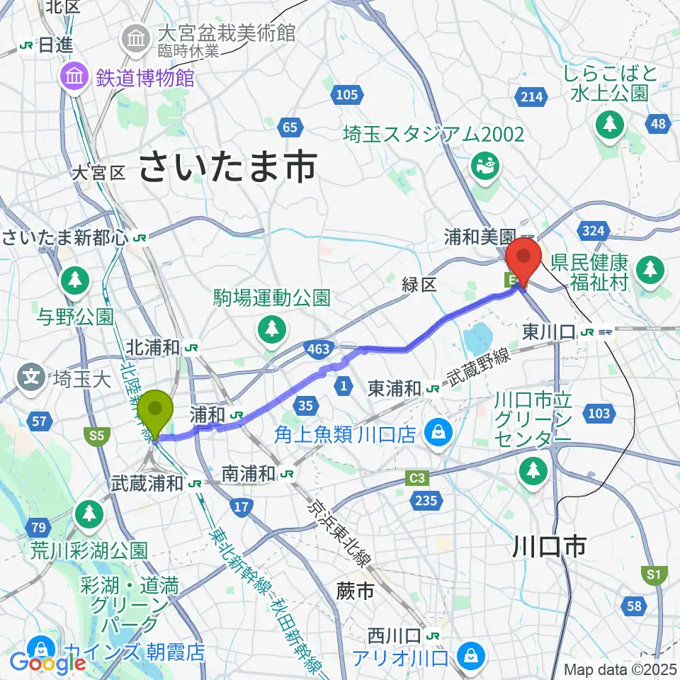 中浦和駅からY.K PIANO FACTORYへのルートマップ地図