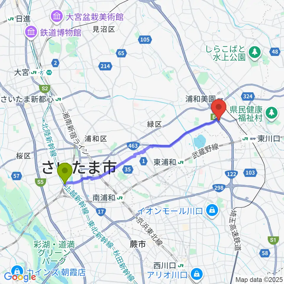 中浦和駅からY.K PIANO FACTORYへのルートマップ地図