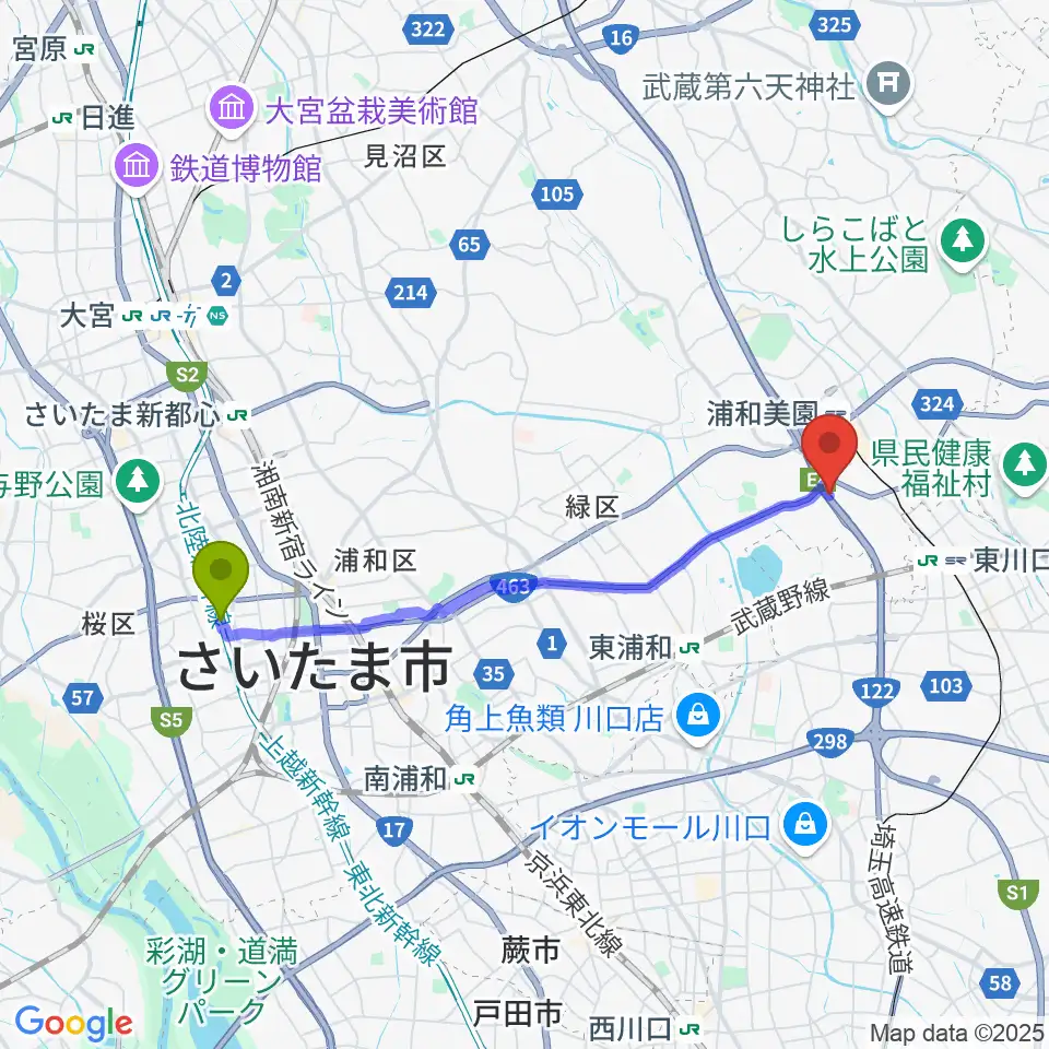 南与野駅からY.K PIANO FACTORYへのルートマップ地図