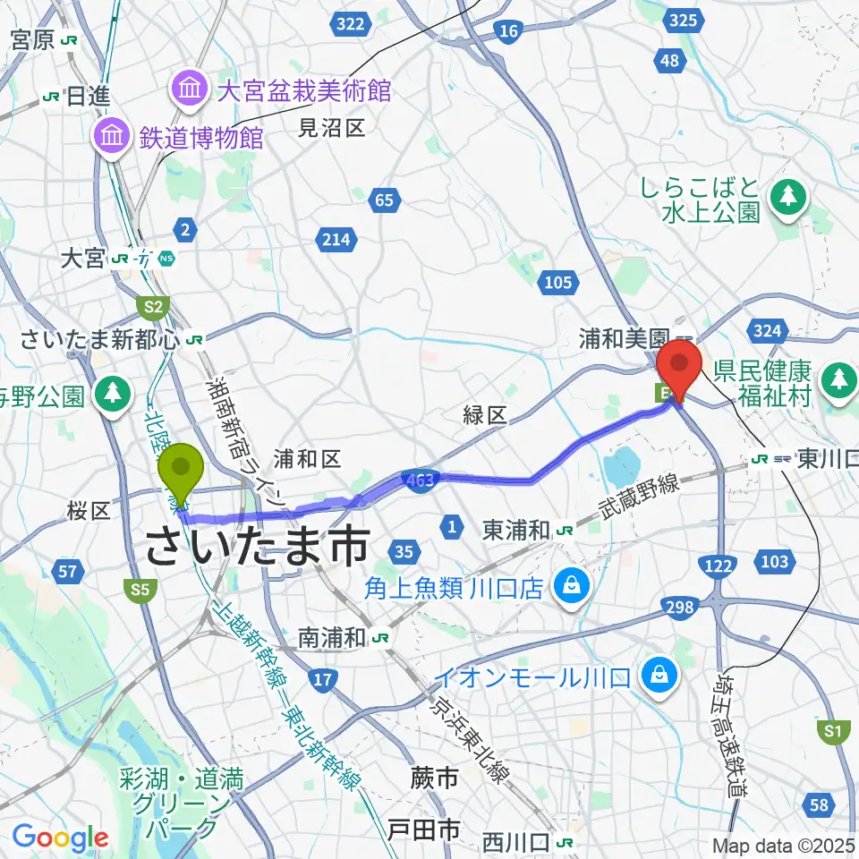 南与野駅からY.K PIANO FACTORYへのルートマップ地図