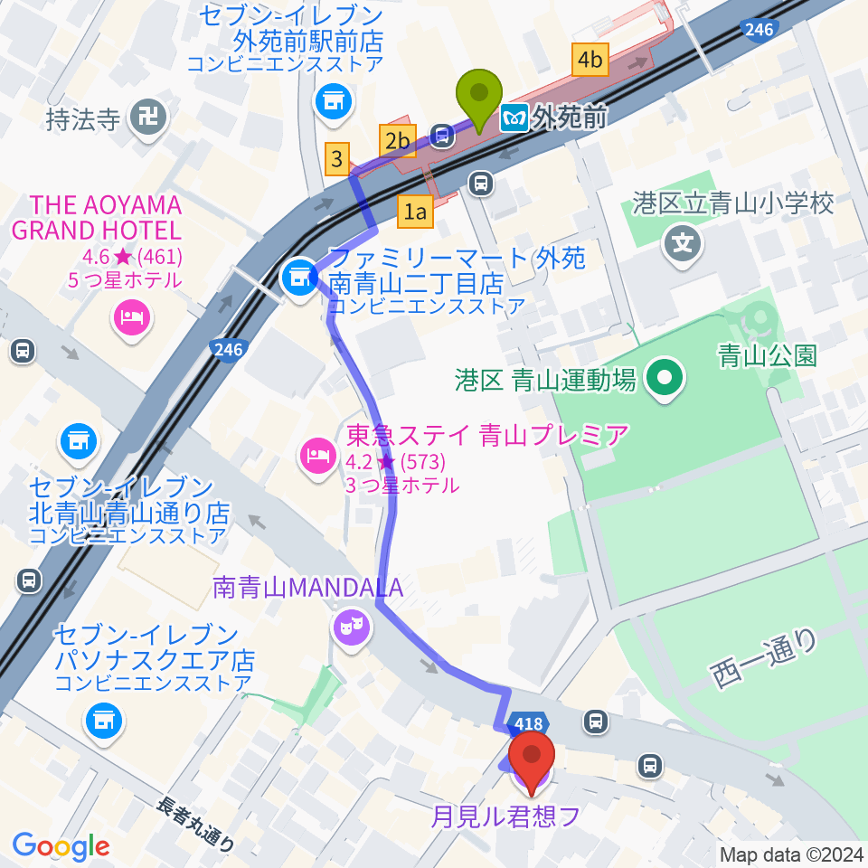 月見ル君想フの最寄駅外苑前駅からの徒歩ルート（約6分）地図