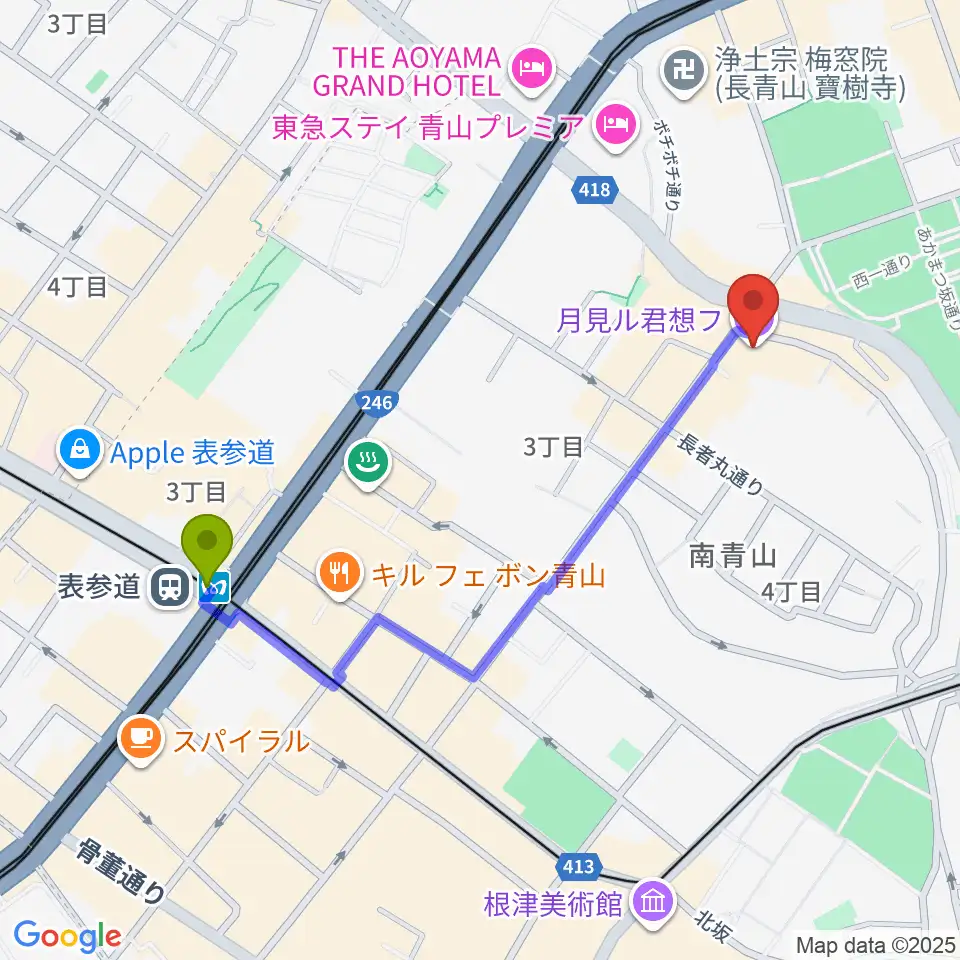 表参道駅から月見ル君想フへのルートマップ地図
