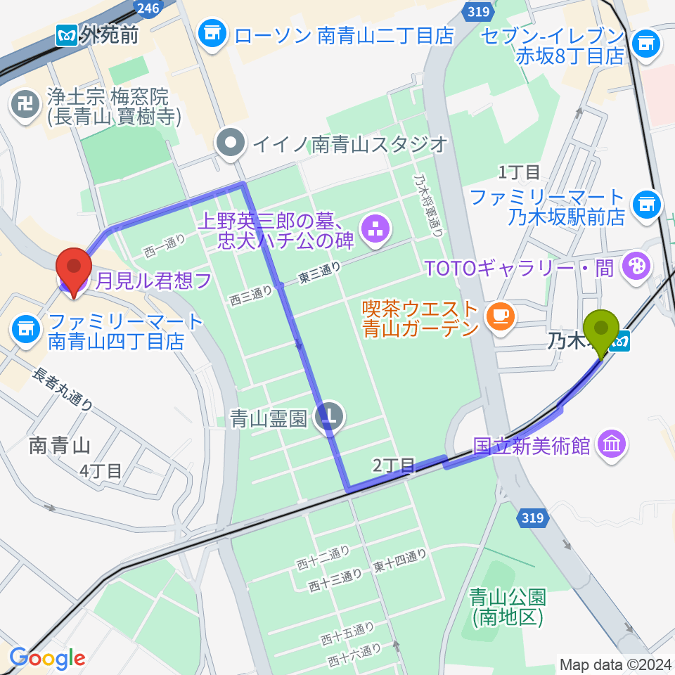 乃木坂駅から月見ル君想フへのルートマップ地図