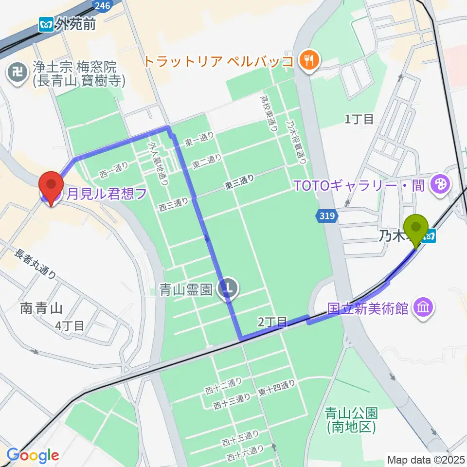 乃木坂駅から月見ル君想フへのルートマップ地図