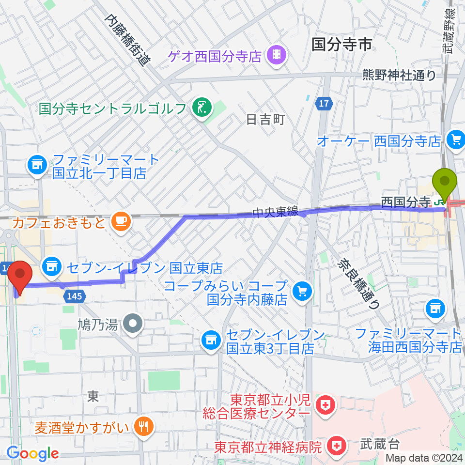 西国分寺駅から音楽の森.Kへのルートマップ地図