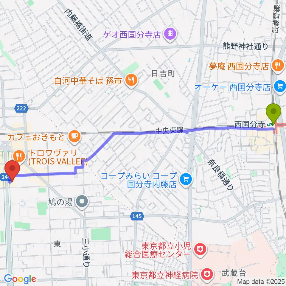 西国分寺駅から音楽の森.Kへのルートマップ地図