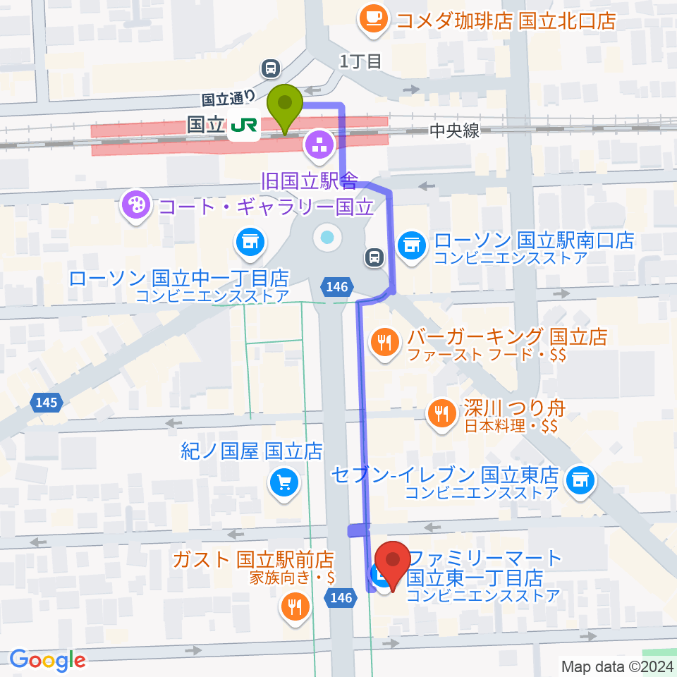 音楽の森.Kの最寄駅国立駅からの徒歩ルート（約5分）地図