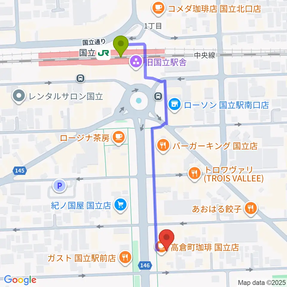 音楽の森.Kの最寄駅国立駅からの徒歩ルート（約5分）地図
