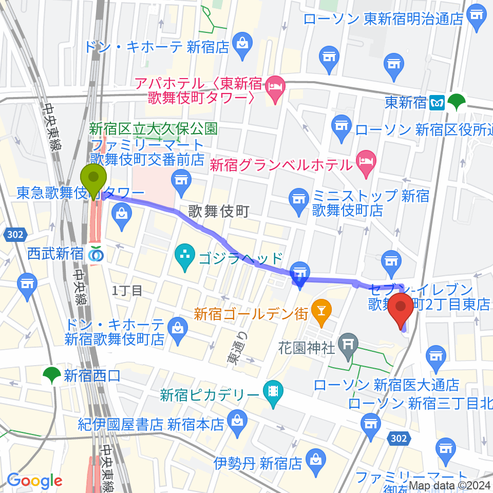 西武新宿駅からヒルバレースタジオへのルートマップ地図